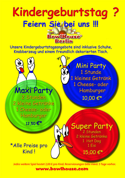 Preise & Zeiten 1 Kindergeburtstagsfeier im BowlHouse Berlin